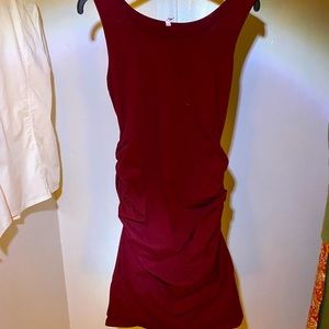 Burgundy maroon ruched mid-length sleeveless dress
